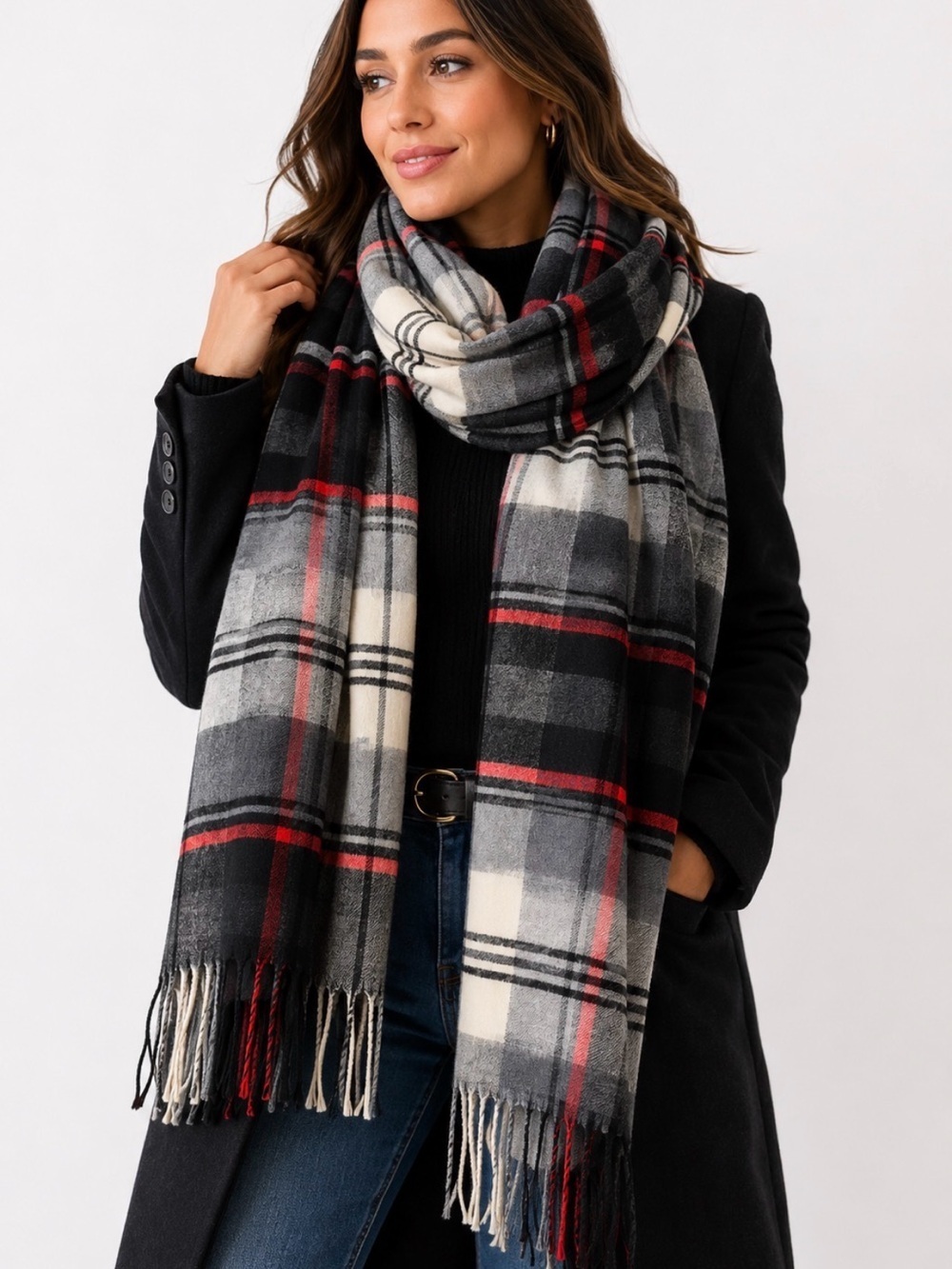 Classic Plaid Fringe Scarf - Black, Gray & Red Blanket scarf soft wool blend